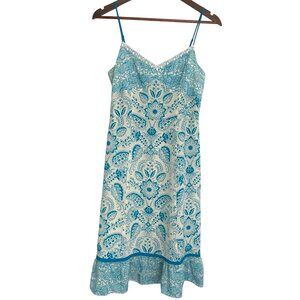 Y2K Loft Babydoll Midi Sun Dress 4P 4 Petite Blue White Floral Silk Beaded Fairy